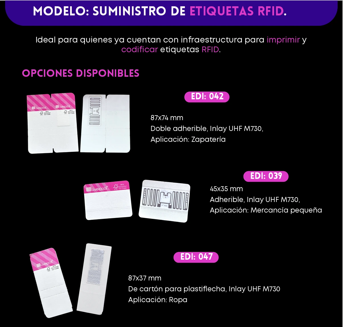 Catálogo Siticob de etiquetas RFID: EDI 042 de 87 por 74 mm, EDI 039 de 45 por 35 mm y EDI 047 de 87 por 37 mm